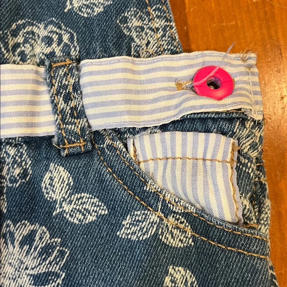 Girls Floral Print Denim Short Overalls W/Pink Trim i Bow Accents 18 Months EUC